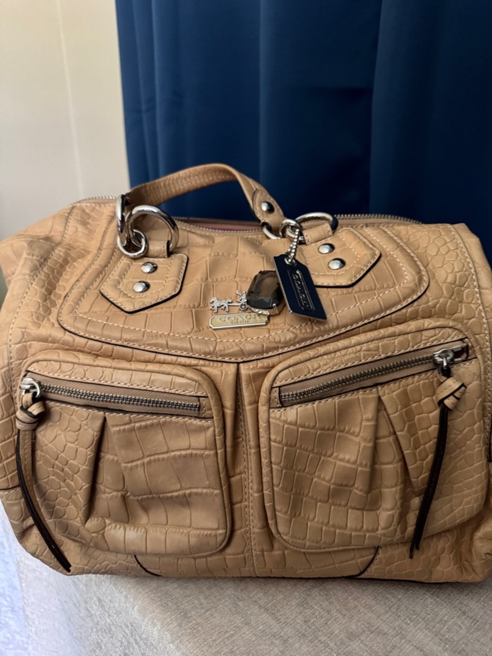 Coach Croc-Embossed Pebble Satchel in Camel/Tan